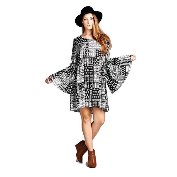 Velzera Multi-Pattern Bell Sleeve Dress, Black - Picture 1 of 4